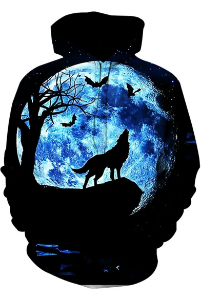 3D Moon Wolf Pattern Long Sleeve Black Casual Loose Pullover Hoodie