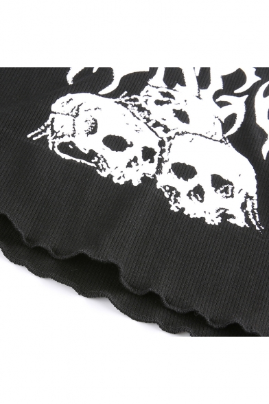 Black Skull Printed Scoop Neck Sleeveless Casual Cropped Tank