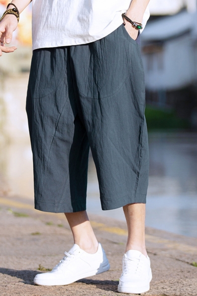 Chinese Style Simple Plain Cropped Linen Wide-Leg Casual Pants for Men