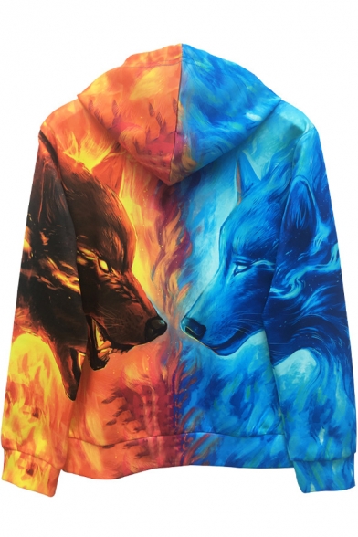 Cool 3D Ice and Fire Wolf Printed Long Sleeve Unisex Sport Hoodie