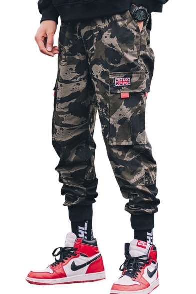 Cool Fashion Camouflage Letter Printed Flag Patched Flap Pocket Army Green Cotton Cargo Pants