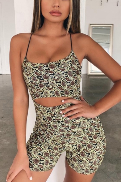 Cool Fashion Snakeskin Printed Straps Hollow Out Sleeveless Crisscross Back Womens Slim Fit Romper