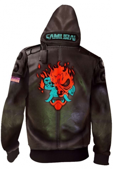 Cool Fire Skull Monster Print Back Long Sleeve Zip Up Brown Leather Sport Hoodie