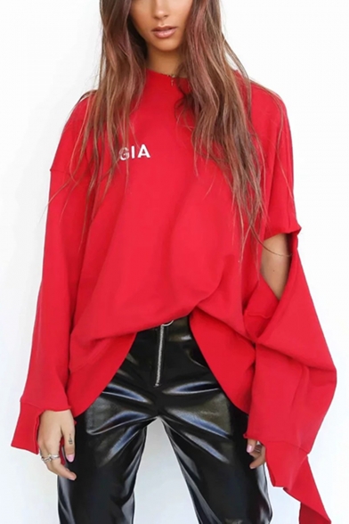 Cool Girls Simple Letter GIA Print Hollow Long Sleeve Red Oversized Asymmetrical Sweatshirt