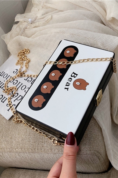 Cute Cartoon Colorblock Bear Printed Chain Strap Crossbody Box Bag 17.5*11.5*5.5 CM