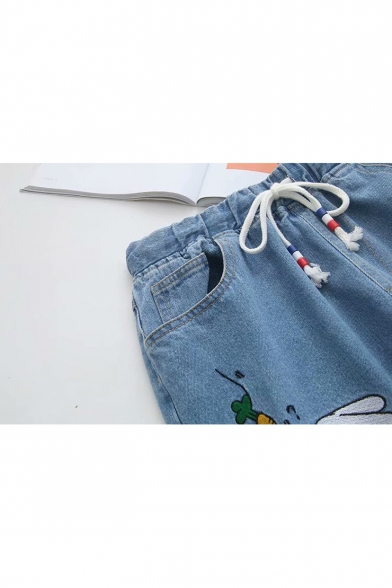 Cute Cartoon Rabbit Heart Embroidery Drawstring Waist Loose Fit Jeans