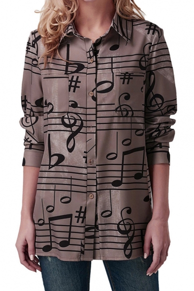 

Fancy Khaki Musical Note Pattern Long Sleeve Button Down Casual Loose Shirt (Pictures for Reference, LM546876