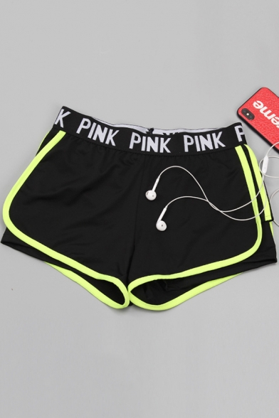 Fancy PINK Letter Waist Quick Dry Fake Two-Piece Sport Yoga Shorts