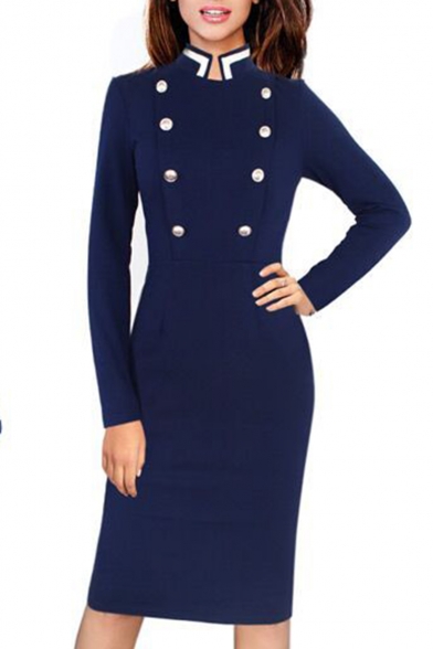 Fashion Office Lady Stand Collar Double Breasted Front Long Sleeve Zipper Split Back Midi Pencil Dress in Navy