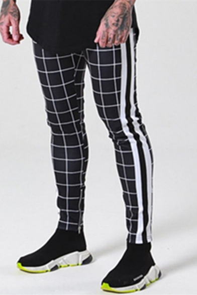 Fashion Plaid Pattern side-striped Zipper Embellishment Drawstring Waist Joggers Pencil Pants