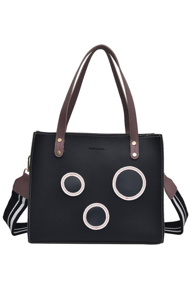 Fashion Polka Dot Patched Striped Strap PU Leather Satchel Shoulder Tote Handbag 33*28*11 CM