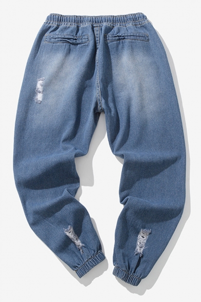 Fashion Simple Plain Drawstring Waist Elastic Cuffs Blue Casual Ripped Jeans for Guys
