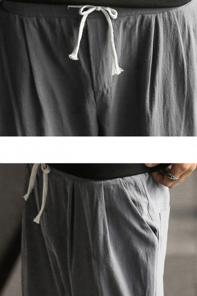 Fashion Simple Plain Drawstring Waist Elastic Cuffs Leisure Linen Tapered Pants for Guys