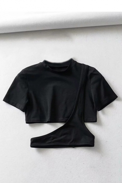 Fashion Womens Plain Cutout Short Sleeve Asymmetric Hem Fitted Umbilical T-Shirt