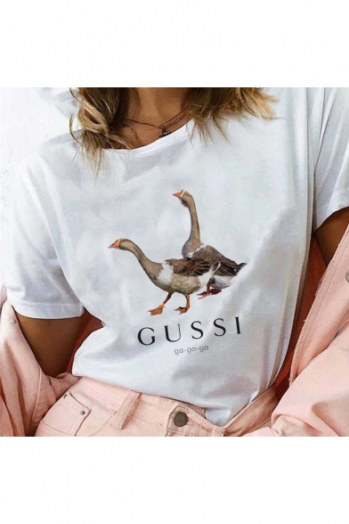 Funny Cartoon Letter GUSSI Duck Printed Round Neck Short Sleeve Casual White Tee