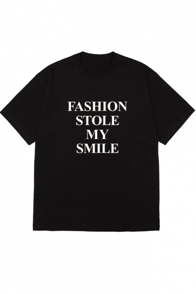 Funny Street Letter FASHION STOLE MY SMILE Print Cotton Loose Tee
