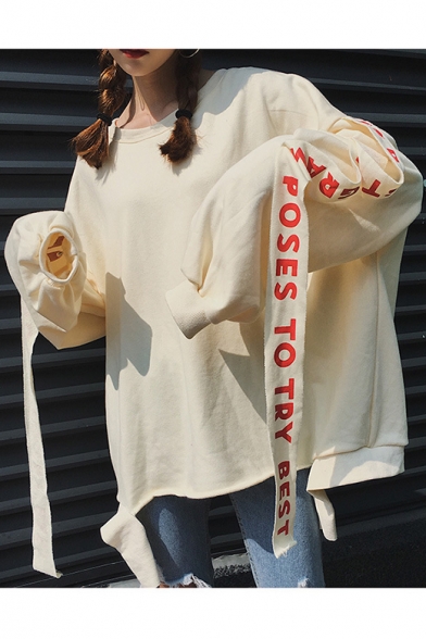 Girls Cool Street Style Letter Ribbon Crewneck Long Sleeve Oversized Sweatshirt