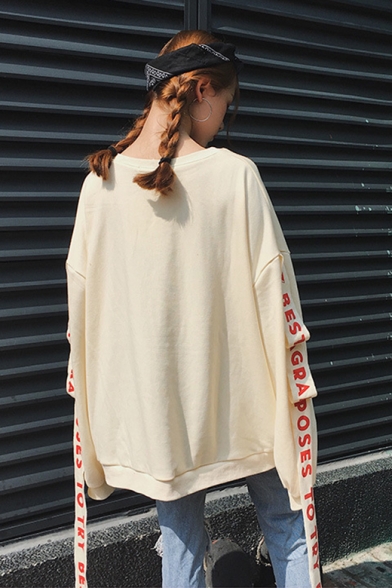 Girls Cool Street Style Letter Ribbon Crewneck Long Sleeve Oversized Sweatshirt