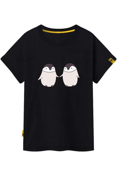 Girls Cute Cartoon Penguin Print Summer Short Sleeve Cotton Tee