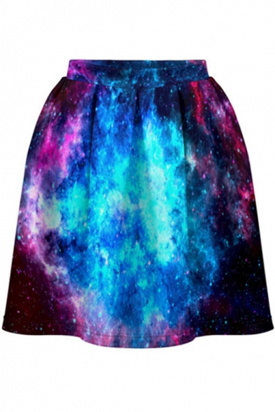 Girls Fashion Blue Galaxy Printed Mini A-Line Swing Skirt