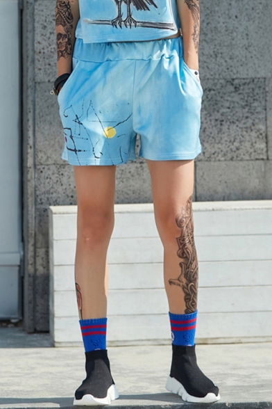 Girls Light Blue Simple Printed Hip Hop Street Fashion Sport Loose Shorts