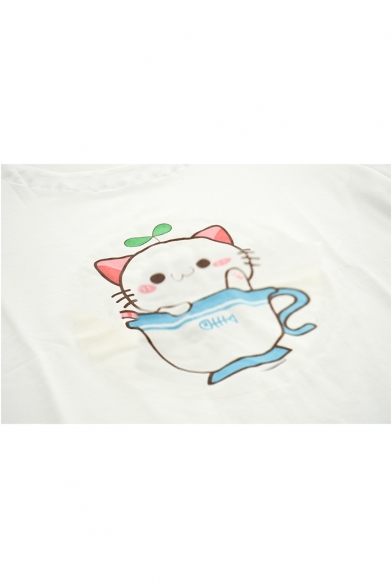 Girls Lovely Cartoon Cat Print Basic Round Neck Short Sleeve T-Shirt