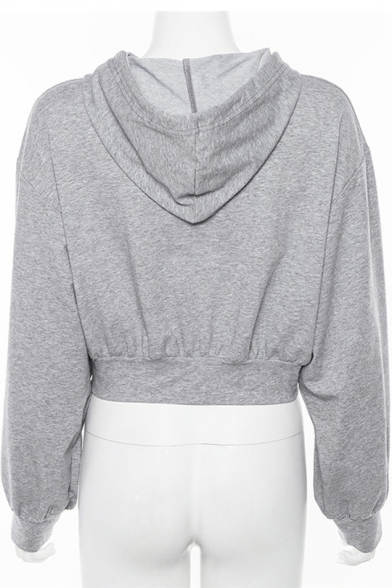 Girls Street Fashion Plain Sexy Cutout Front Long Sleeve Cropped Hoodie