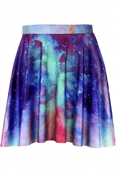 Girls Summer Colorful Galaxy Digital Printed Mini Pleated Skirt