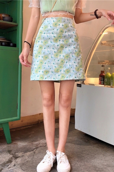 Girls Summer Fancy Green Floral Printed Mini A-Line Skirt
