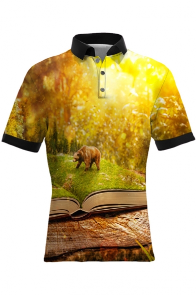 Guys Cool 3D Animal Printed Short Sleeve Fitted Yellow Polo Shirt