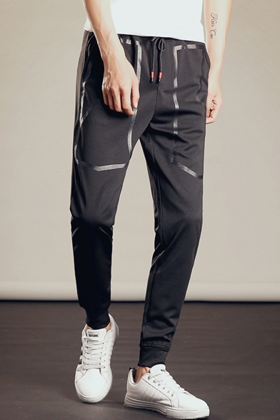 Guys New Fashion Simple Plain Drawstring Waist Black Casual Relaxed Sweatpants