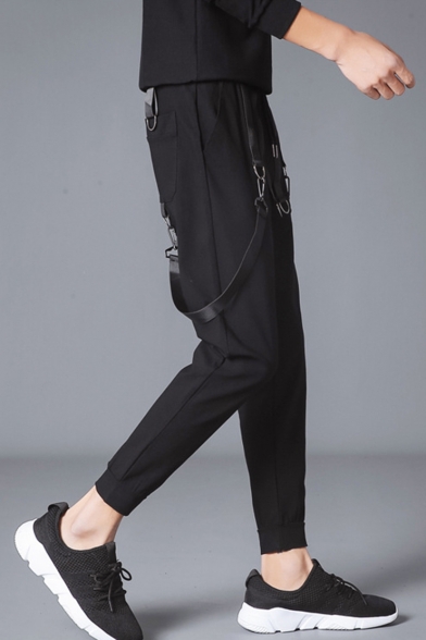 Guys New Stylish Strap Embellished Simple Plain Black Drawstring Waist Casual Sweatpants Pencil Pants