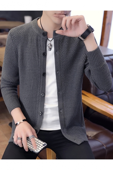 Guys Simple Solid Color Collarless Long Sleeve Button Down Fitted Knitwear Cardigan