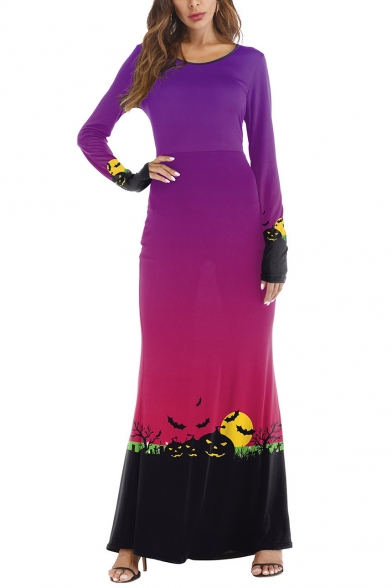 Halloween Stylish Pumpkin Print Long Sleeve Hot Popular Round Neck Maxi Dress for Evening Party