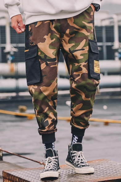 Hip Pop Style Camouflage Letter Printed Flap Pocket Army Green Cotton Cargo Pants