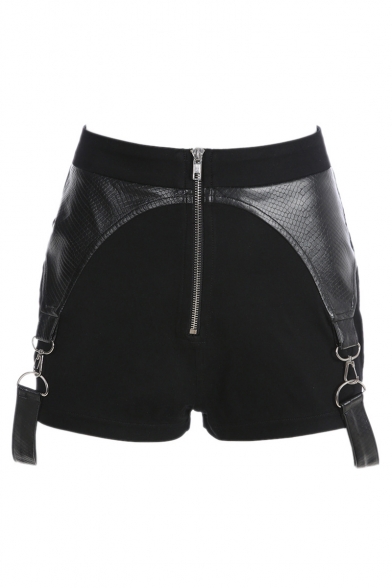 Hot Popular Cool Black Irregular Leather Patched Ribbon Design Zipper-Fly Skinny Shorts