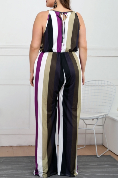 Hot Popular Plunge V Halter Neck Straps Sleeveless Multicolor Striped Elastic Waist Wide Leg Jumpsuits