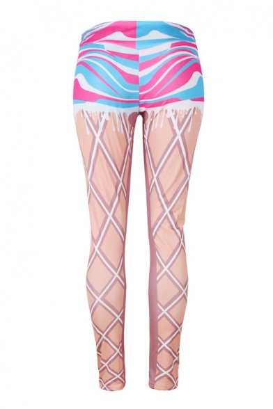 Hot Stylish Elastic Waist Colorblock Striped Printed Skinny Fit Sport Legging Pants