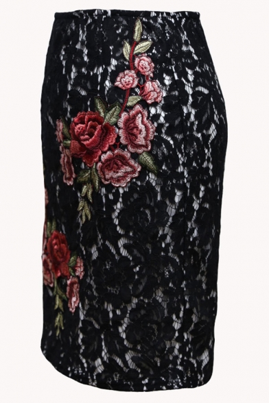 Hot Stylish Lace Rose Print Split Back Midi Pencil Skirt for Office Women