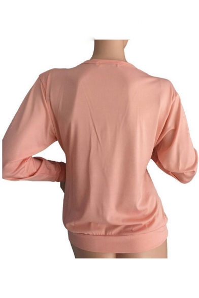 Hot Stylish Plain Plunge V Neck Zip Front Long Sleeve Basics T-Shirts