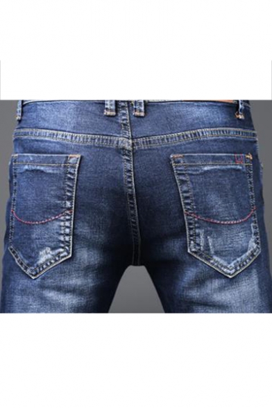 Men's Basic Fashion Plain Denim Washed Ripped Detail Casual Slim Jeans