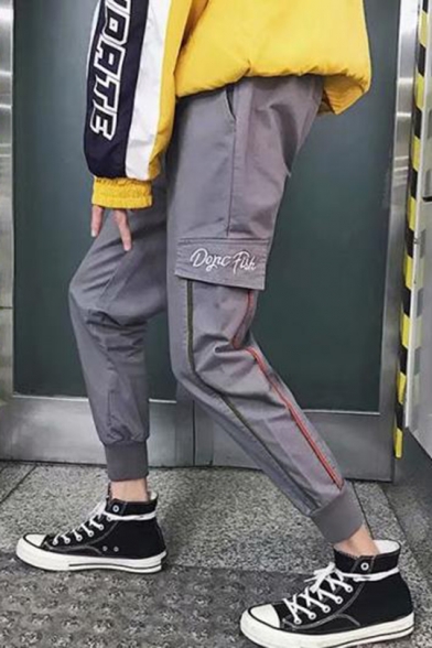 Men's Casual Fashion Letter Embroidery Stripe Side Fake Pocket Straight Cargo Pants
