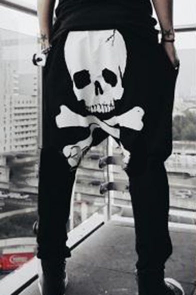 Men's Fashion Popular Skull Printed Drop-Crotch Drawstring Waist Casual Cotton Harem Pants