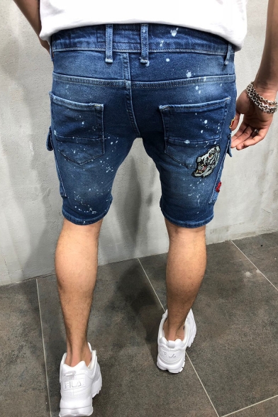 Men's Fashion Ripped Detail Letter Tiger Patchwork Flap Pocket Side Light Washed Denim Shorts
