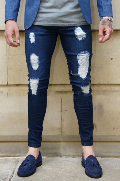 Men's Fashion Simple Plain Casual Slim Fit Dark Blue Ripped Jeans