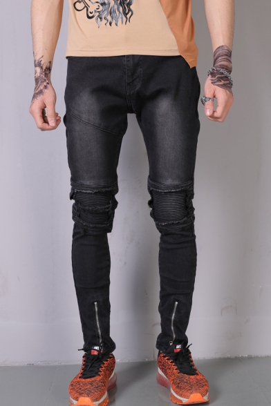 Men's Fashion Solid Color Knee Pleated Zipped Cuff Cool Distressed Black Slim Biker Jeans