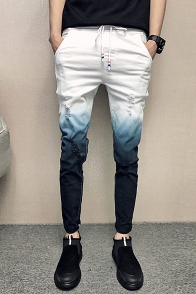 Men's New Fashion Colorblock Ombre Printed Drawstring Waist Slim Fit White Jeans