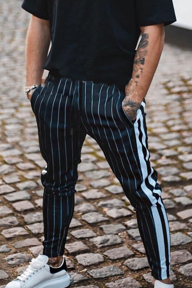 Men's New Fashion Colorblock Stripe Pattern Slim Fit Casual Pencil Pants
