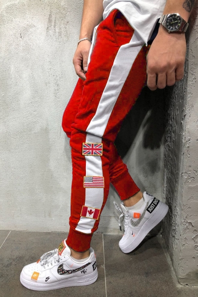 Men's New Fashion Flag Patched Contrast Tape Side Drawstring Waist Casual Sweatpants Pencil Pants