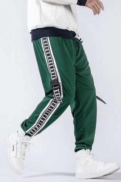 Men's New Fashion Hip Pop Style Contrast Stripe Tape Patched Buckle Strap Design Skateboard Sports Sweatpants